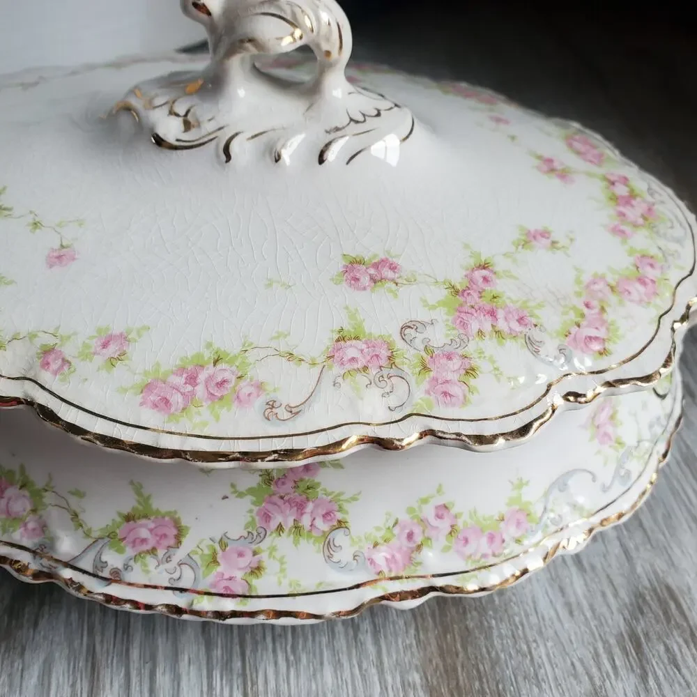Antique Homer Laughlin Hudson Floral Tureen with Lid Floral Gold Trim H-170
